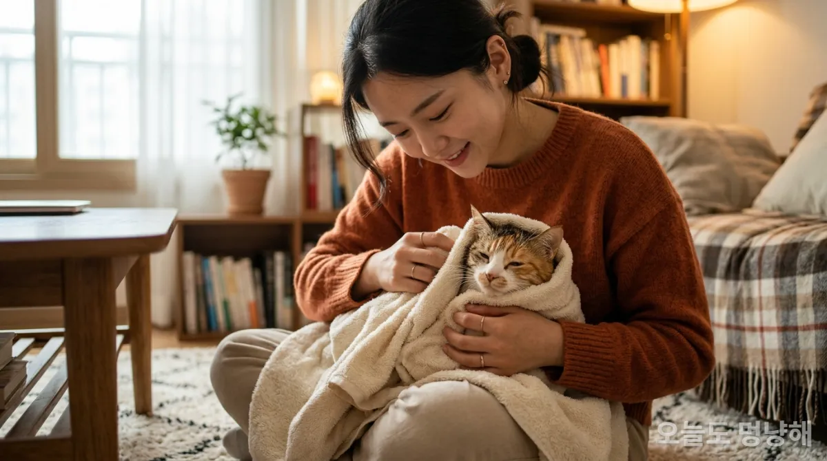 목욕 후 타월로 물기를 닦아주는 고양이와 집사