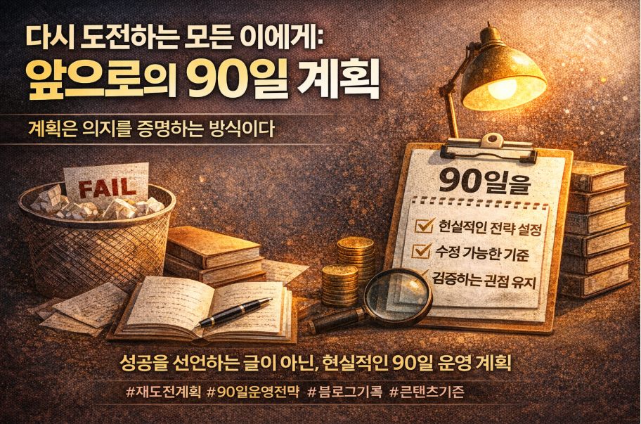 다시 도전하는 모든 이를 위한 90일 블로그 운영 계획 대표 이미지, 재도전 전략과 기준 중심의 현실적인 계획 시각화