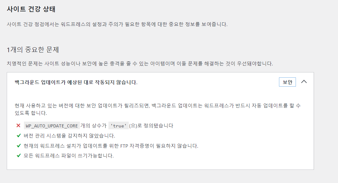 워드프레스 사이트 건강에서 WP_AUTO_UPDATE_CORE 관련 경고가 표시되는 경우