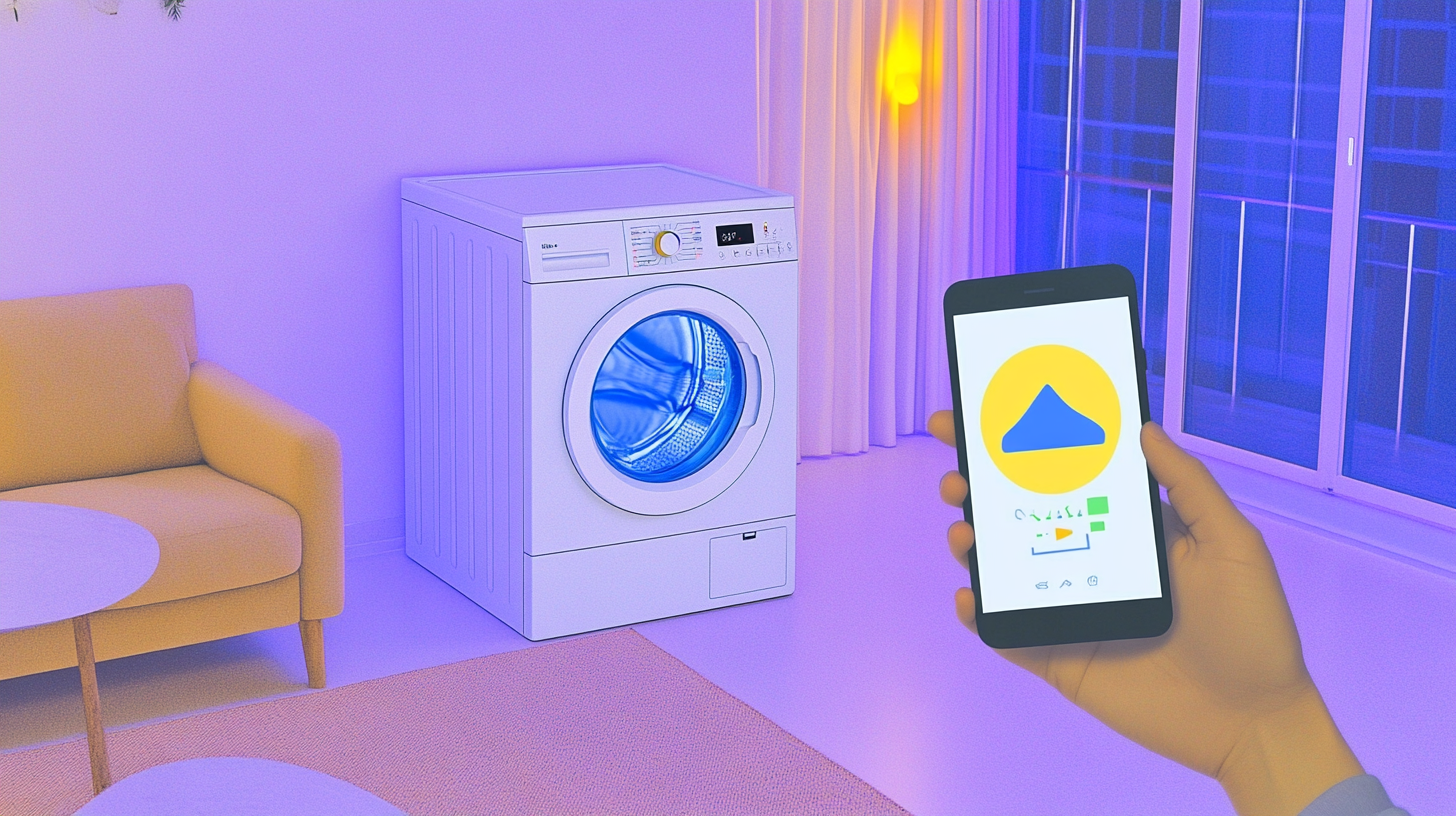 스마트폰으로 삼성 세탁기를 원격 제어하는 사용자의 모습을 보라색 조명이 있는 현대적 거실 배경에서 보여주는 장면