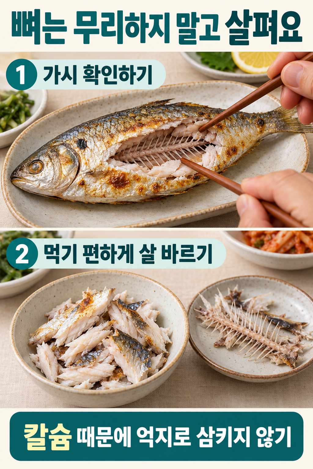 구운 전어의 큰 뼈와 잔가시를 젓가락으로 살피고 살을 따로 덜어 내는 손질 장면.