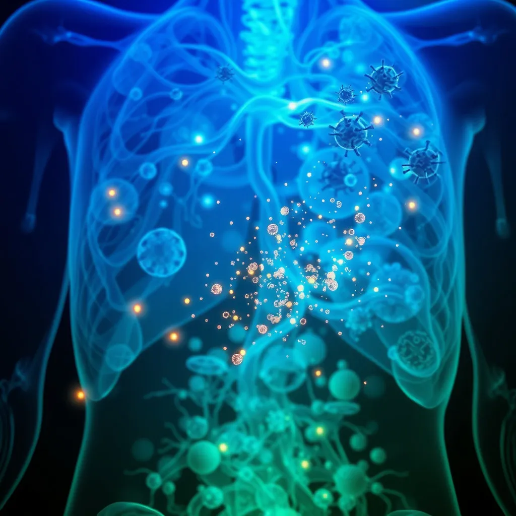 사람의 몸 내부를 투시한 듯한 이미지에서, 면역 세포를 상징하는 작은 빛의 입자들이 마치 혼란에 빠진 것처럼 자기 자신의 세포들을 공격하는 역동적인 모습. 파괴보다는 오작동에 초점을 맞춰 시각적으로 복잡하고 섬세하게 표현합니다.