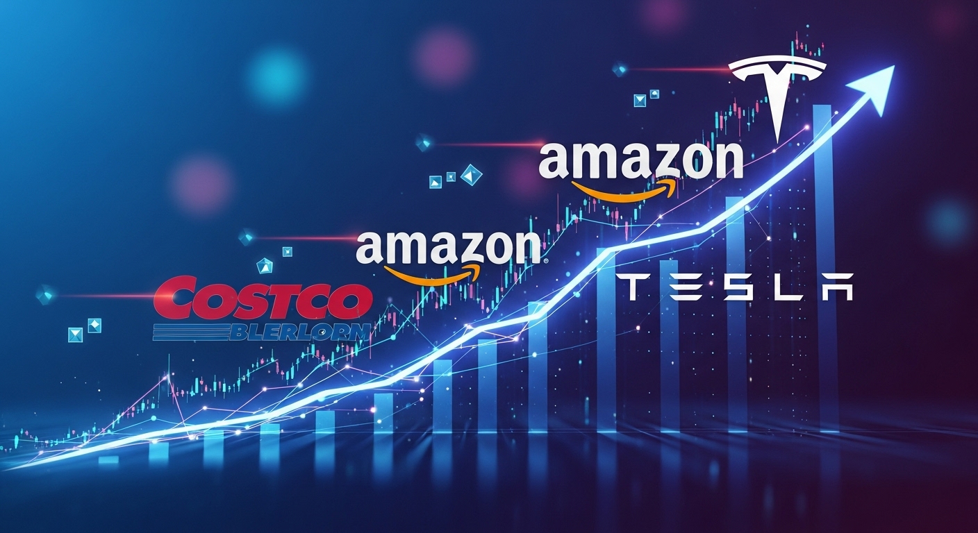 코스트코, 아마존, 테슬라 로고가 나란히 배열되며 성장하는 그래프가 겹쳐진 이미지
