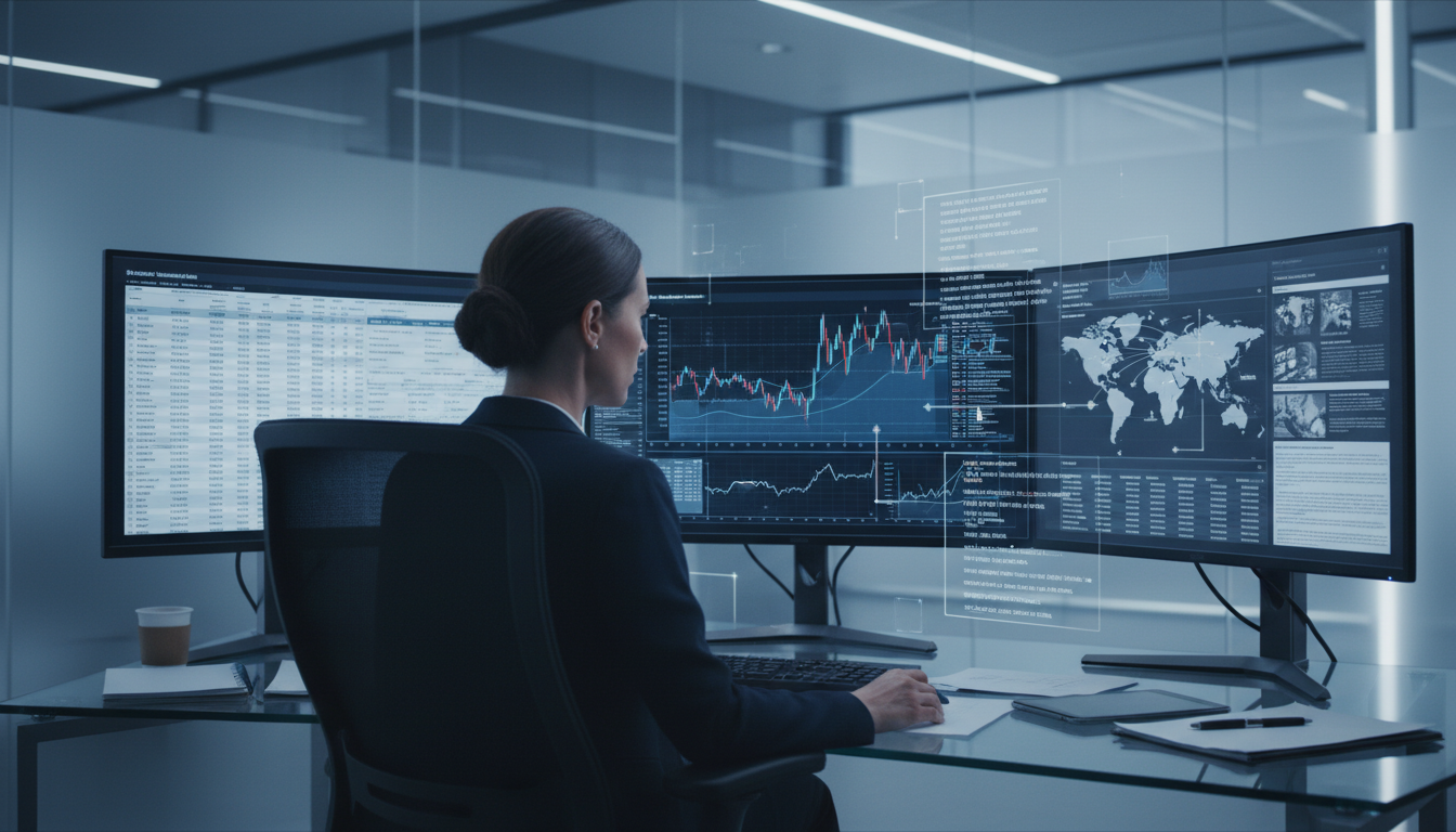 여러 화면에 금융 보고서와 법률 문서가 가득한 디지털 문서를 분석하는 사람. Claude의 장문 문서 처리 능력을 상징.