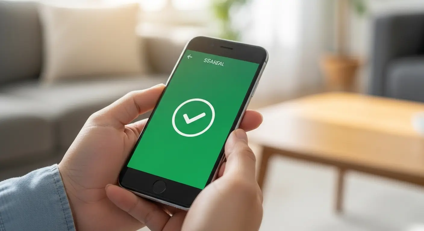 스마트폰으로 안전한 대출 상품을 조회하고 승인 완료 화면을 보며 안도하는 사람의 모습