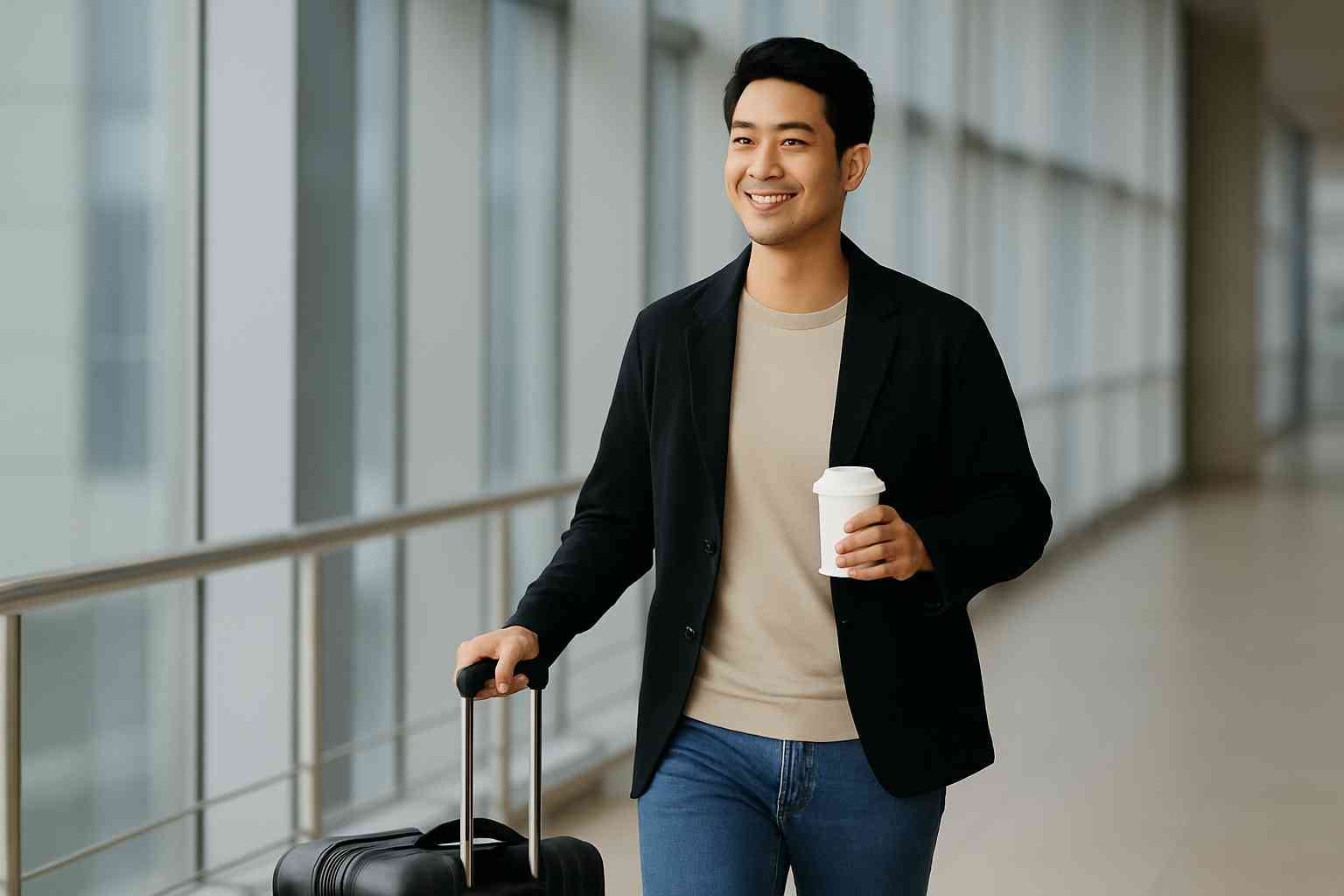 공항 통로에서 연차 휴가를 떠나는 듯한 한국 남성이 커피와 캐리어를 들고 여유롭게 걷는 모습