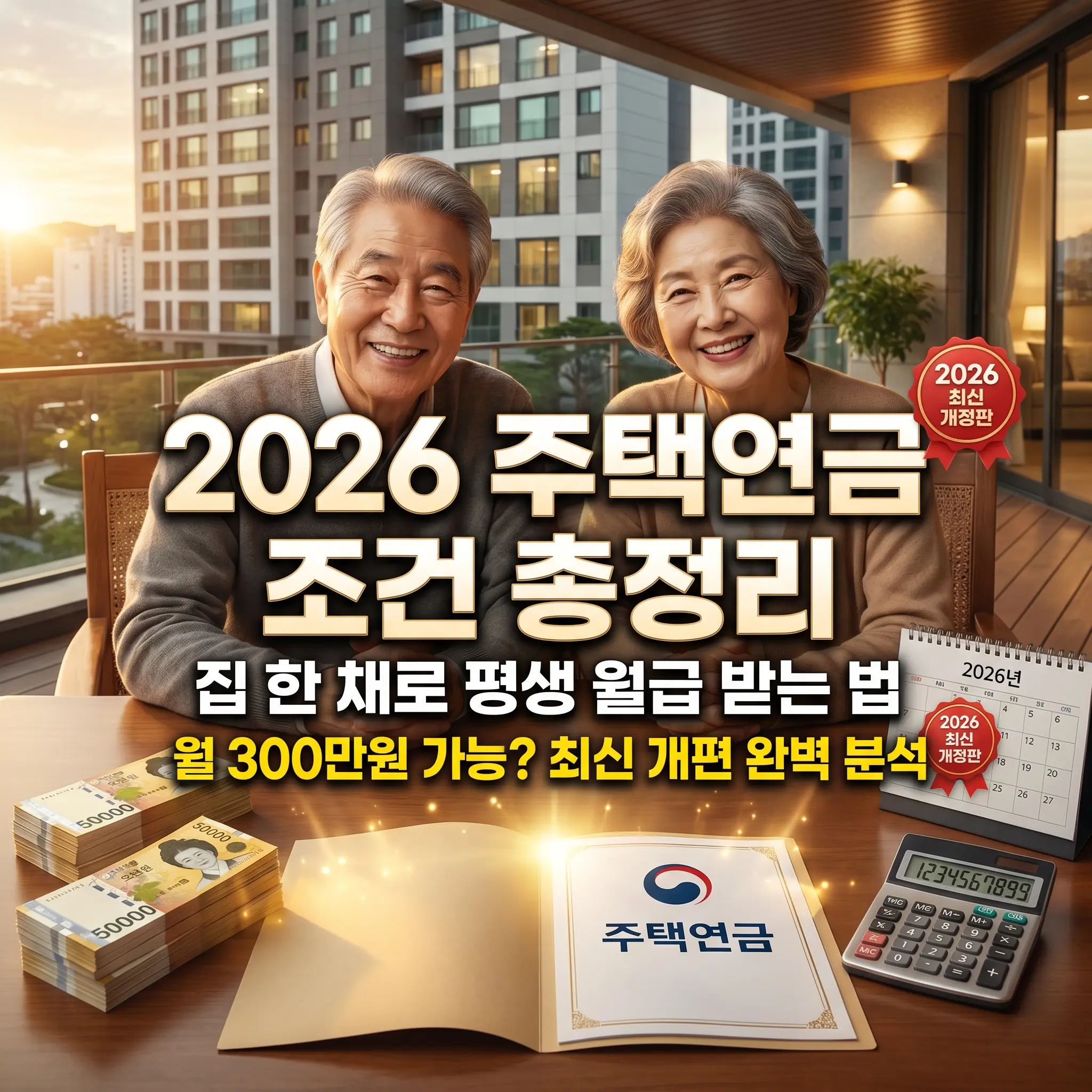 2026년 주택연금 가입 조건 및 수령액 총정리 썸네일. 아파트를 배경으로 은퇴 부부가 웃고 있으며, 5만원권 지폐 뭉치와 주택연금 안내서, 계산기가 놓여 있는 고품질 일러스트. 공시가격 12억 이하 및 만 55세 이상 가입 조건과 월 300만원 수령 가능 여부 분석 내용을 포함함.