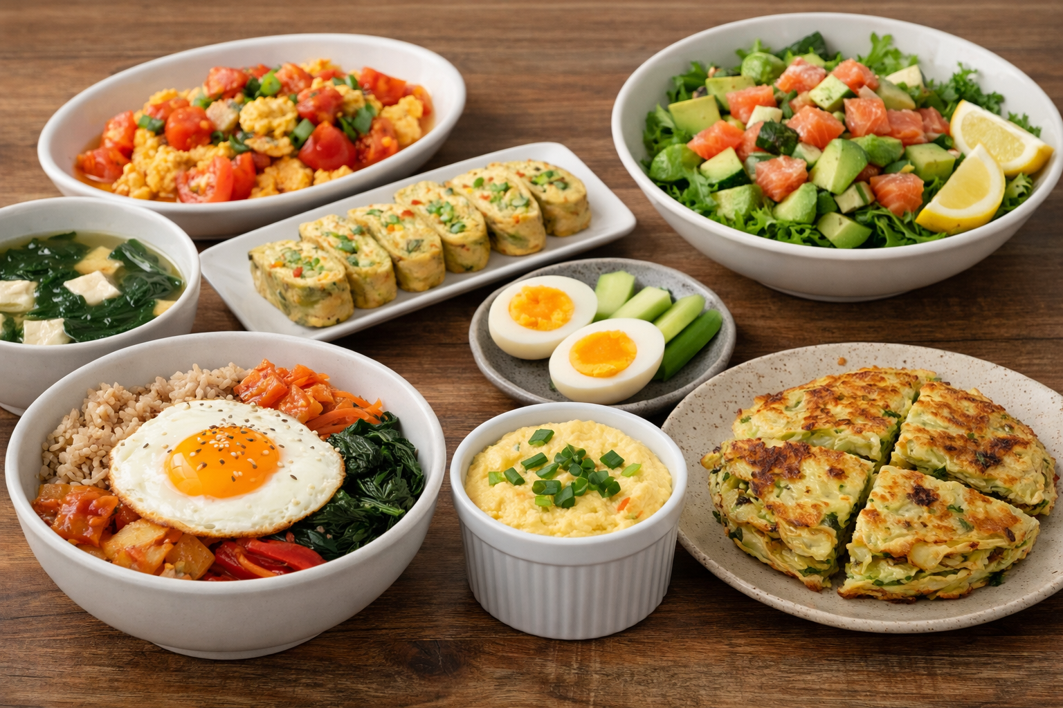 다이어트용 계란 요리 7가지를 한 상에 모아 구성한 집밥 사진입니다.