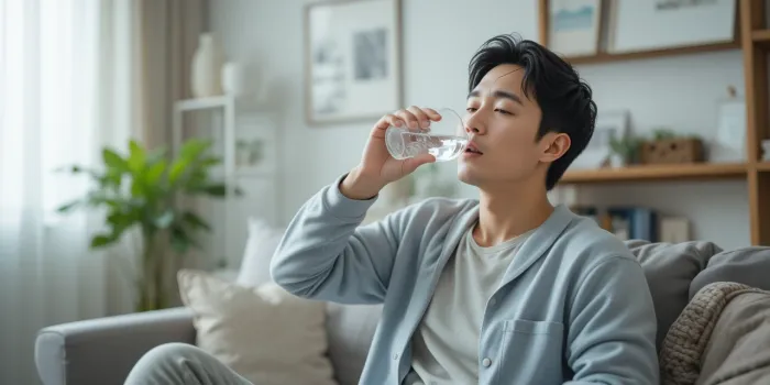 거실에서 물을 마시며 지친 모습