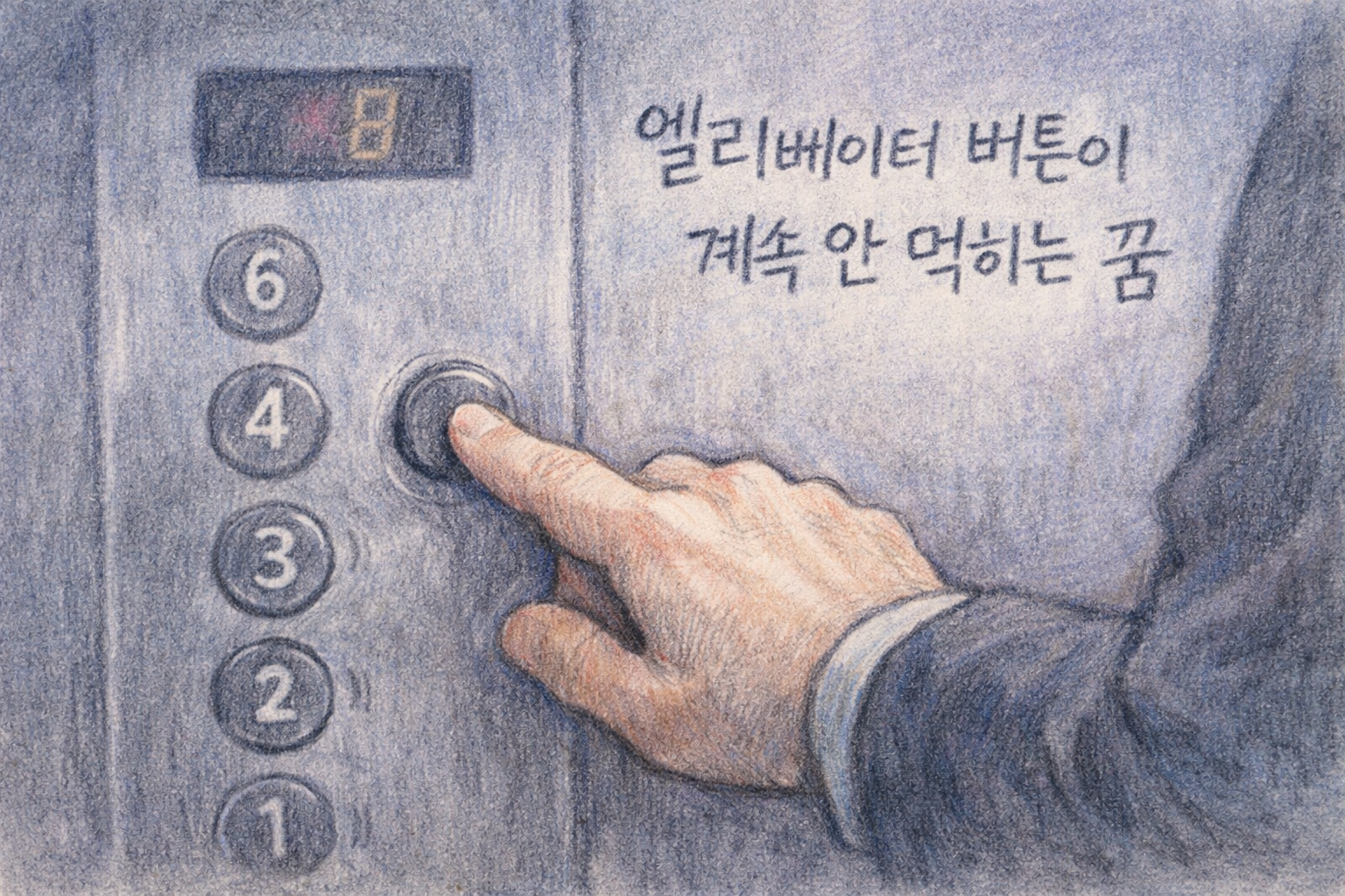 엘리베이터 버튼을 눌렀지만 불이 들어오지 않는 장면을 표현한 색연필 꿈해몽 썸네일