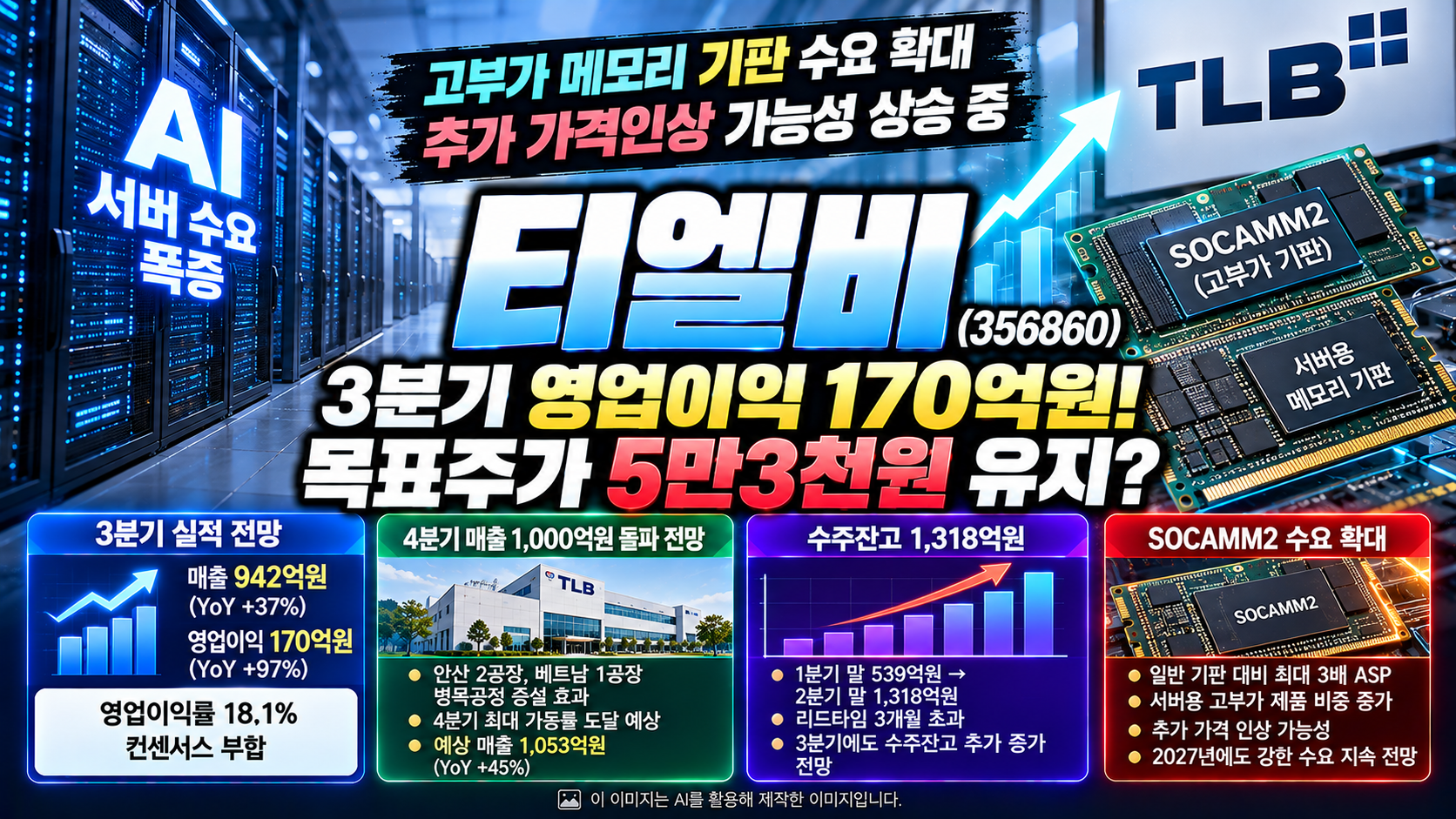 티엘비(356860) 기업분석, AI 서버용 SOCAMM2 고부가 메모리 기판 수요 확대와 추가 가격 인상 가능성, 2026년 3분기 영업이익 170억원 전망, 수주잔고 1,318억원 증가 및 목표주가 53,000원 유지 분석