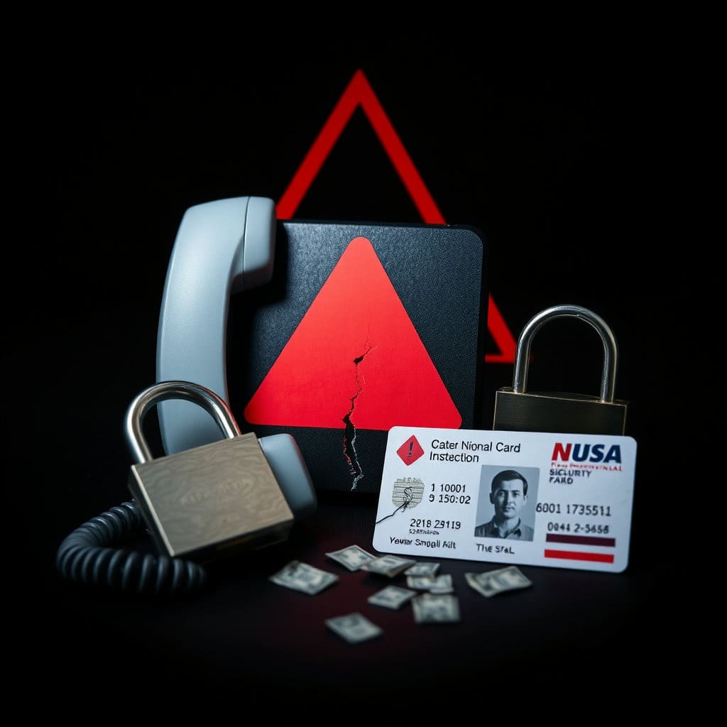 전화기 아이콘 주변에 사기, 위험을 상징하는 붉은색 경고 표시와 함께, 깨지거나 금이 간 신분증 또는 자물쇠 이미지를 배치합니다. 어두운 배경색을 사용하여 위협적이고 불안한 분위기를 연출하고, 명의 도용이 금융 피해로 이어지는 과정을 암시하는 요소(예: 돈이 빠져나가는 모습)를 작게 추가할 수 있습니다.