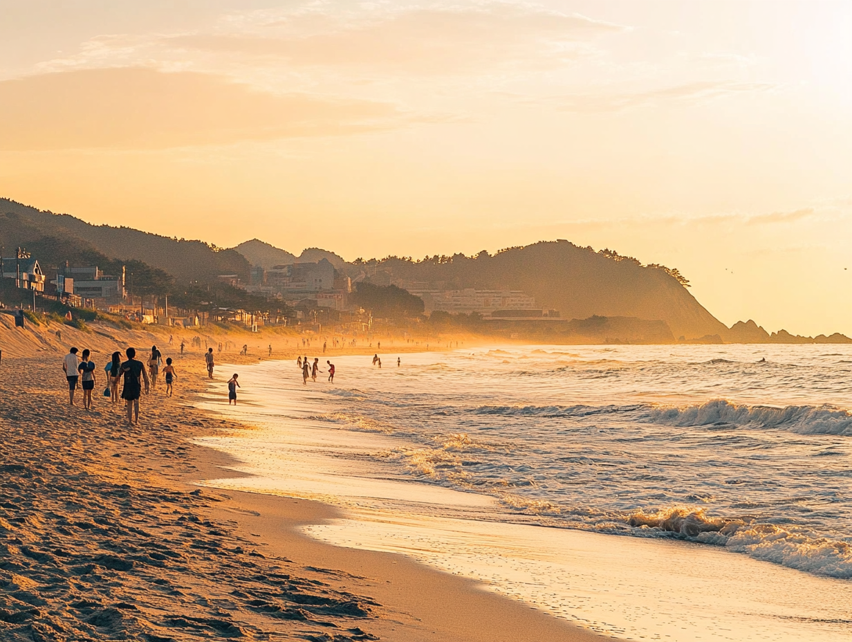 노을진 바닷가에서 사람들 노는 풍경