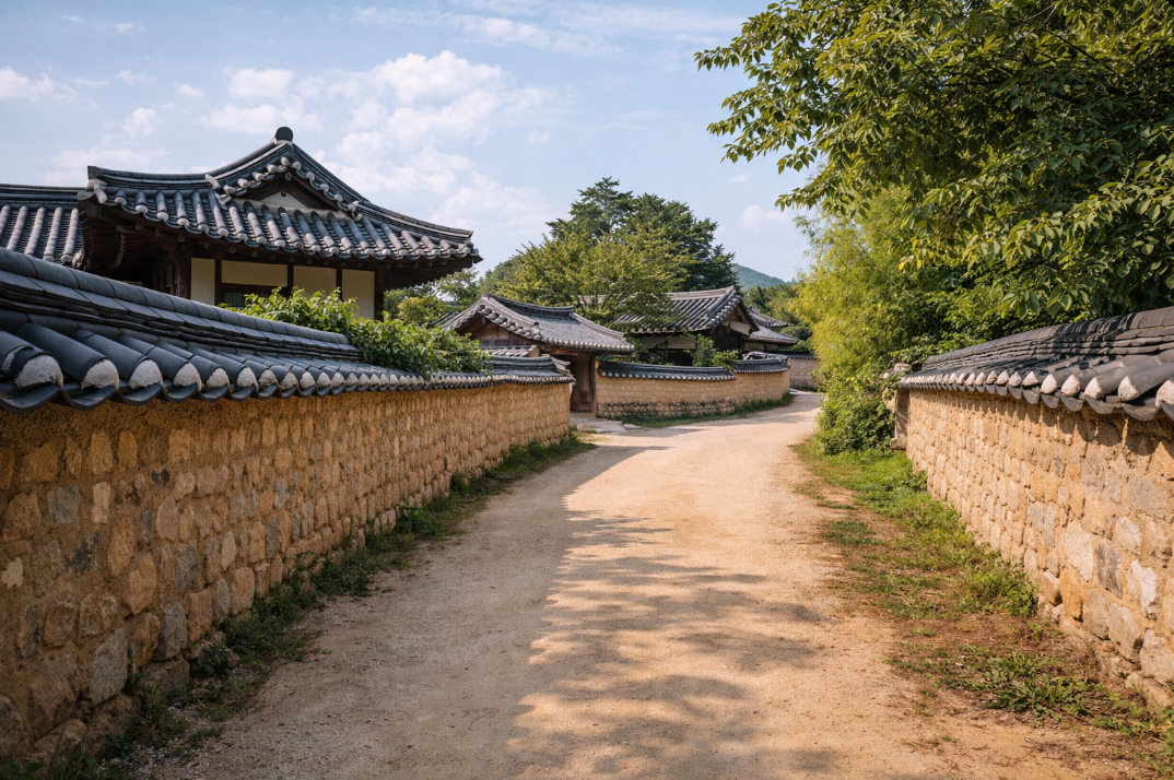 안동 하회마을의 한옥 지붕과 담장, 흙길 골목