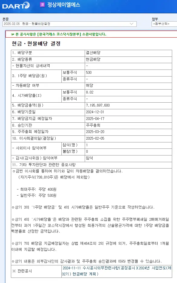 정상제이엘에스(040420) 2025년 배당