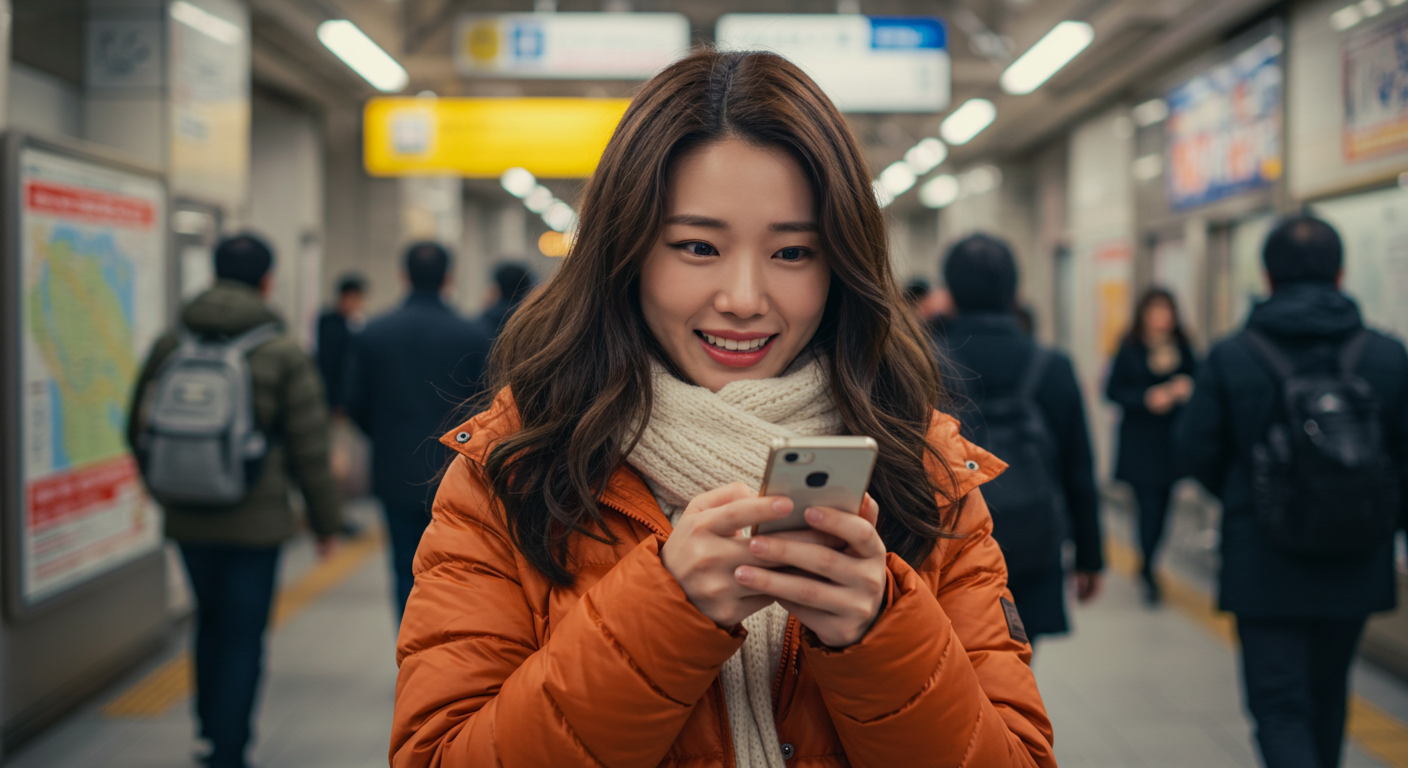 기차역에서 긴급 상황을 확인하는 한국 여성