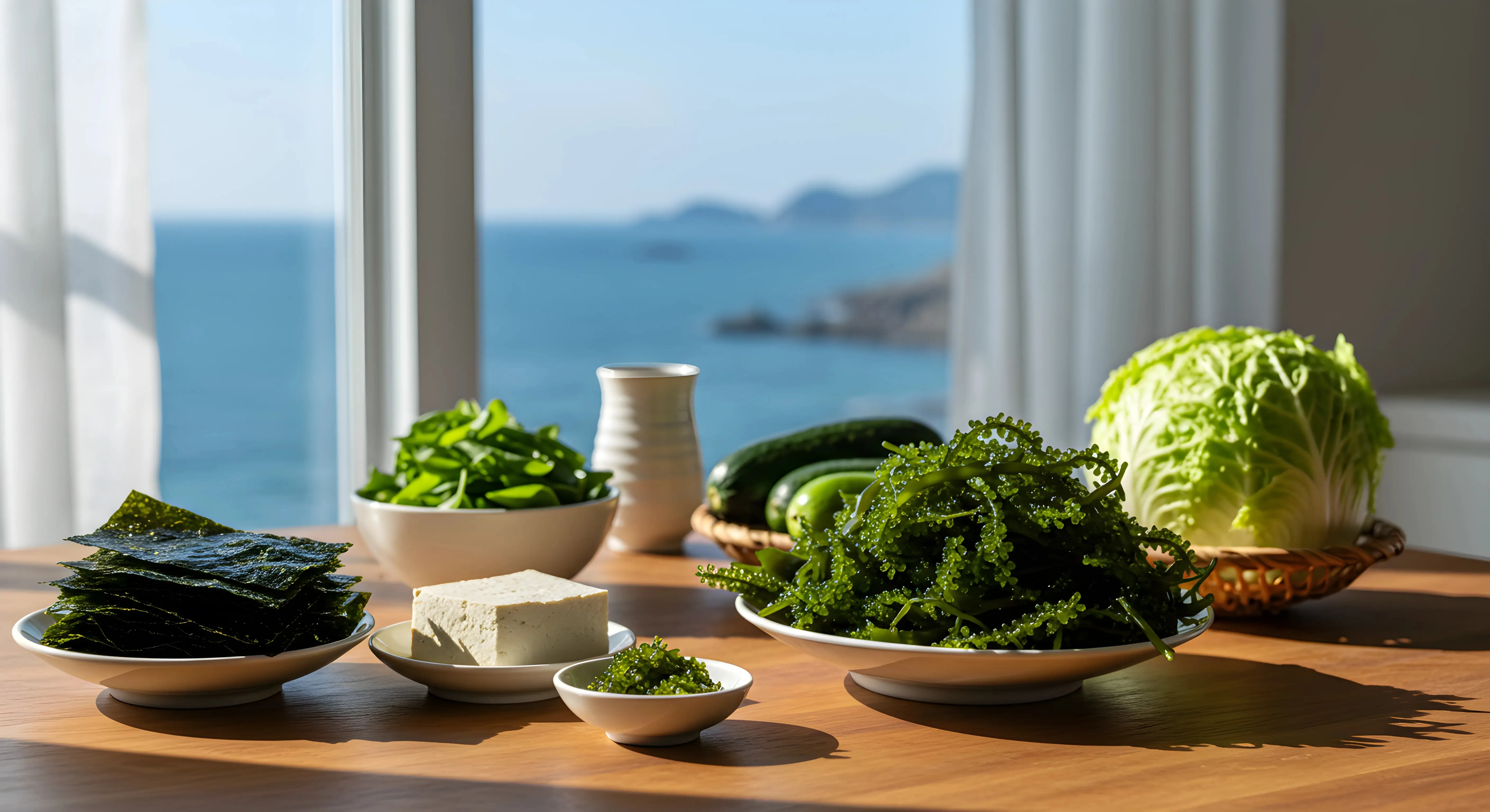 창가 너머 제주 바다가 보이는 테이블 위에 바다포도, 김, 두부, 양배추 등 건강한 자연 식재료들이 정갈하게 차려져 있는 모습