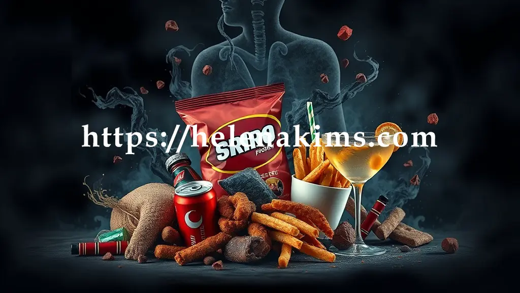 어둡고 탁한 배경 위에 고도로 가공된 스낵봉지, 설탕 가득한 탄산음료 캔, 기름진 튀김, 그리고 술잔이 흐트러진 형태로 배치된 이미지.