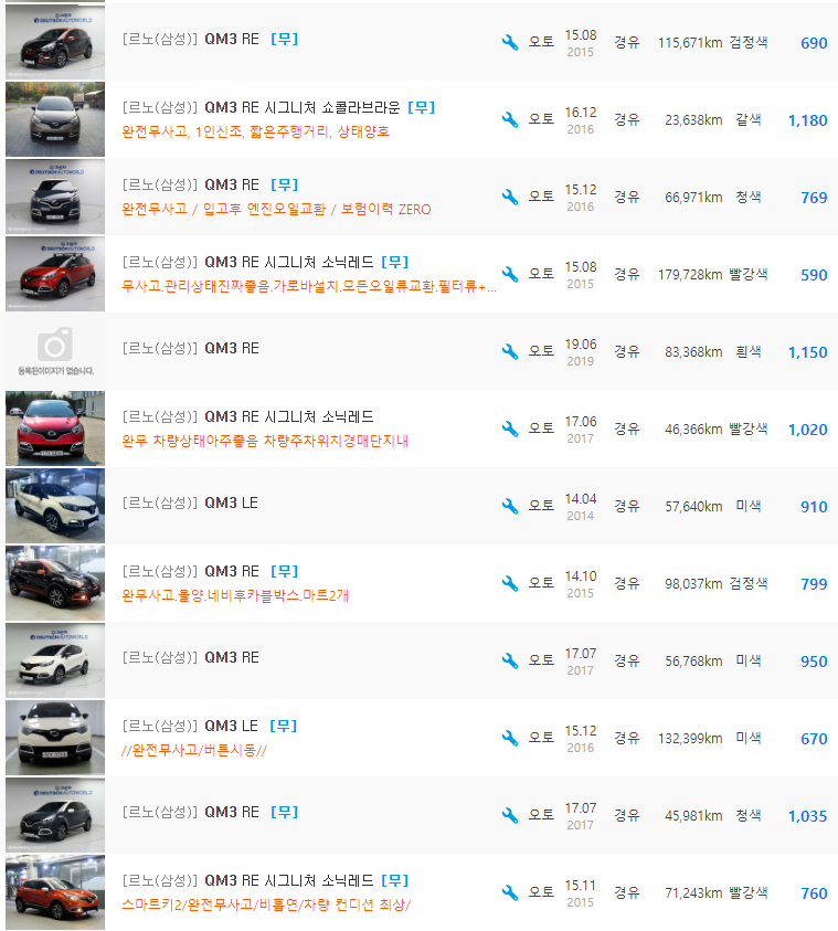 QM3 등급 중고차 가격 : 320만원 ~ 1,180만원