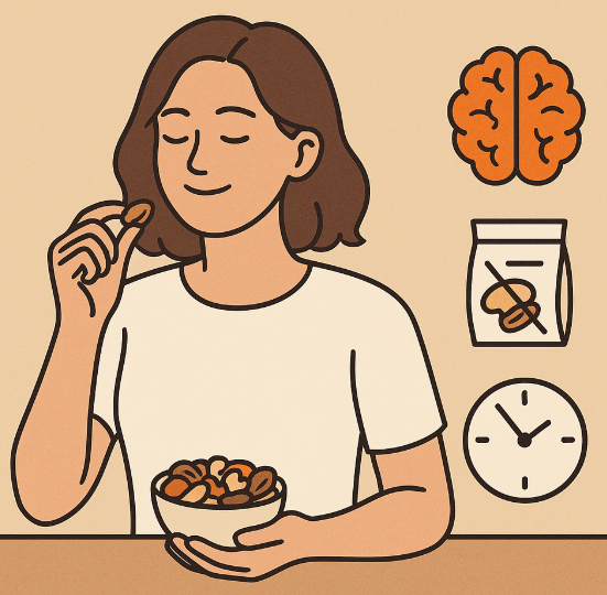 한 손에 호두를 들고, 다른 손에는 다양한 견과류가 담긴 그릇을 들고 젊은 여성이 눈을 감고 미소 지으며 견과류를 즐기는 모습