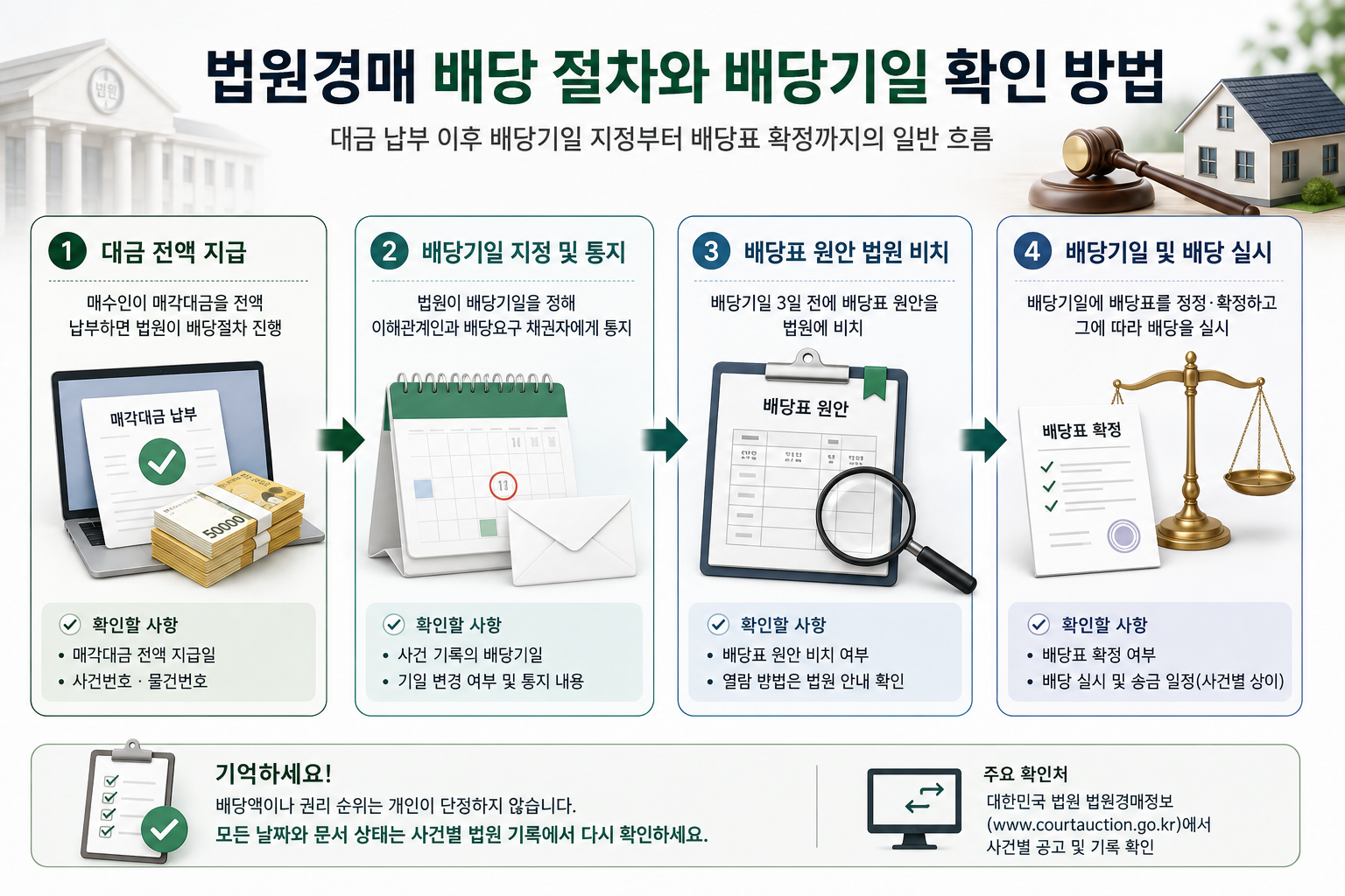 법원경매 배당 절차를 대금 지급부터 배당 실시까지 순서대로 정리