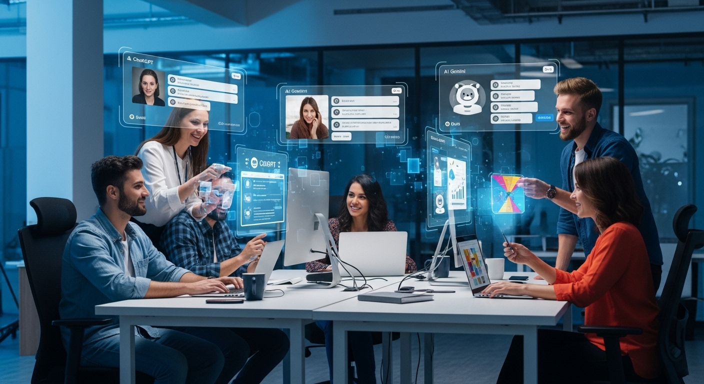 다양한 직업의 전문가들이 AI 챗봇(챗GPT, 제미니)의 도움을 받아 협업하며 생산성을 높이는 현대적인 사무실 풍경.