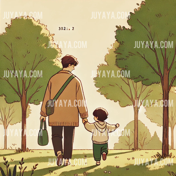 공원에서 손을 잡고 산책하며 행복한 시간을 보내는 부모와 아이의 따뜻한 웹툰 스타일 일러스트. 나무와 잔디가 어우러진 자연 속 장면을 표현.