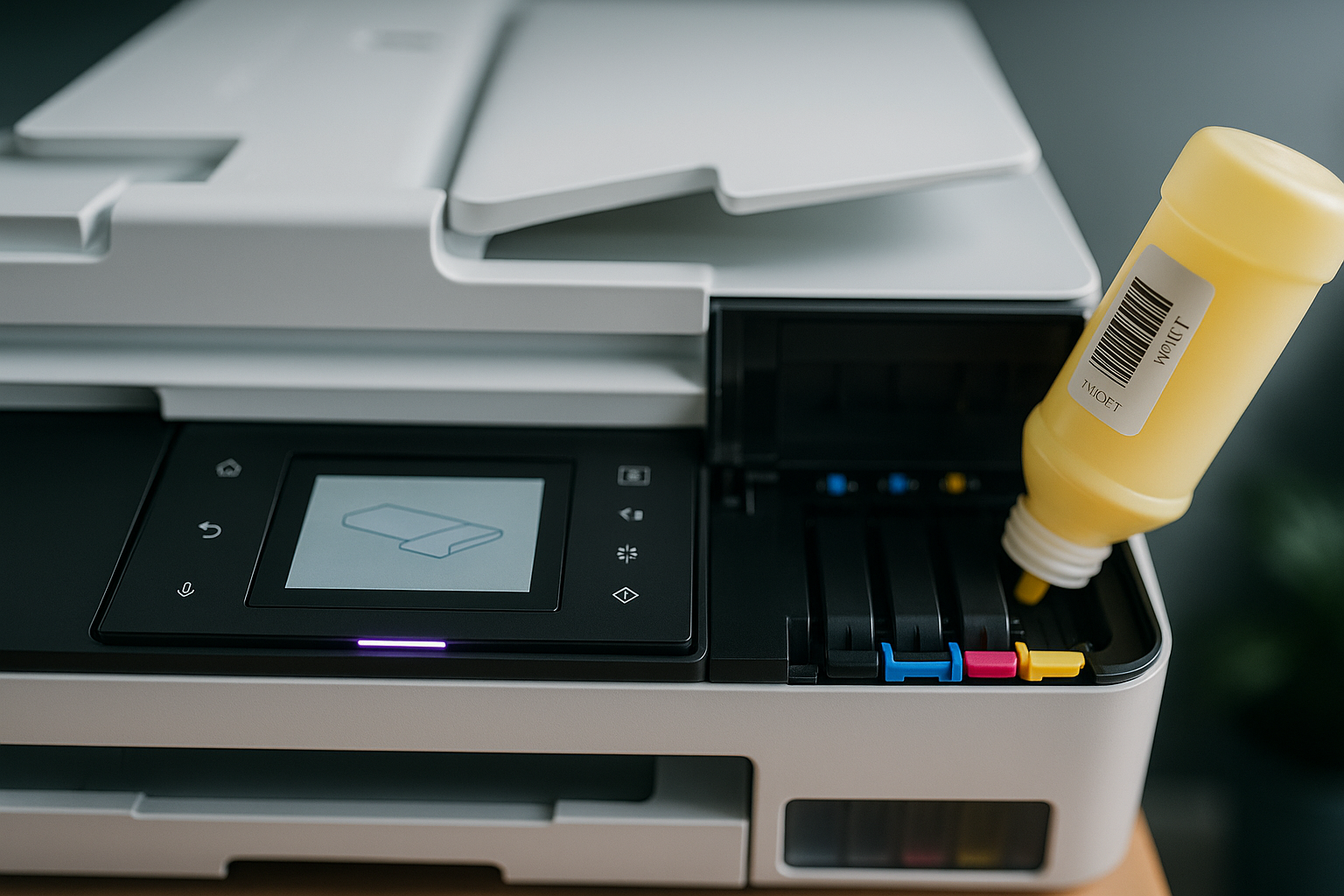 캐논 GX2090 복합기에 노란색 정품 무한잉크를 주입하는 모습