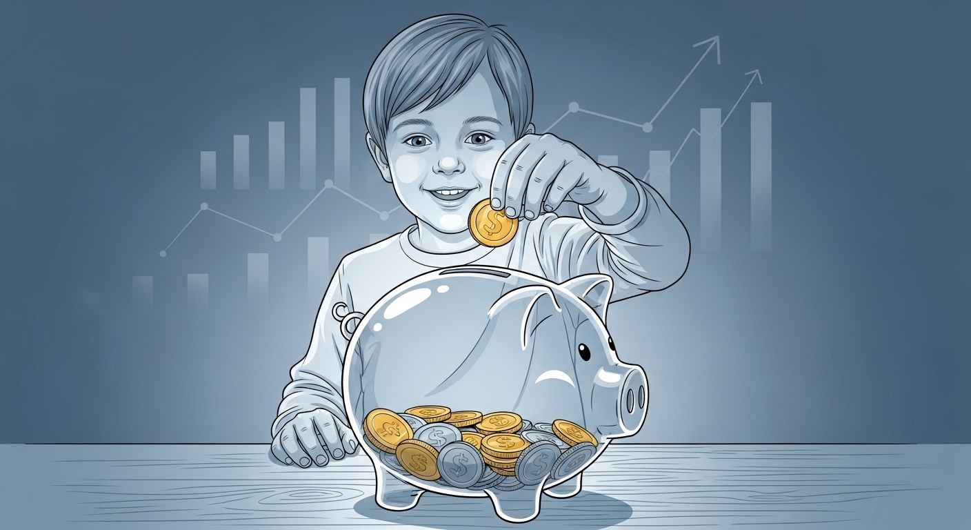 어린 아이가 저금통에 동전을 넣으며 일찍부터 재산을 모으는 모습을 보여주는 이미지. 장기적인 자산 증식의 중요성을 강조합니다.