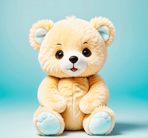 베이지색 털을 가진 아기 곰인형이 앉아있다. 참는 표정을 지으며 해맑게 두 눈을 뜨고 있다.