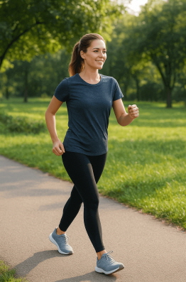 산책로를 걷고 있는 여성의 사진