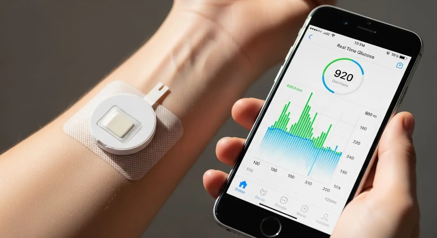 팔에 부착된 연속혈당측정기(CGM) 센서와 스마트폰 앱으로 실시간 혈당 그래프를 확인하는 모습