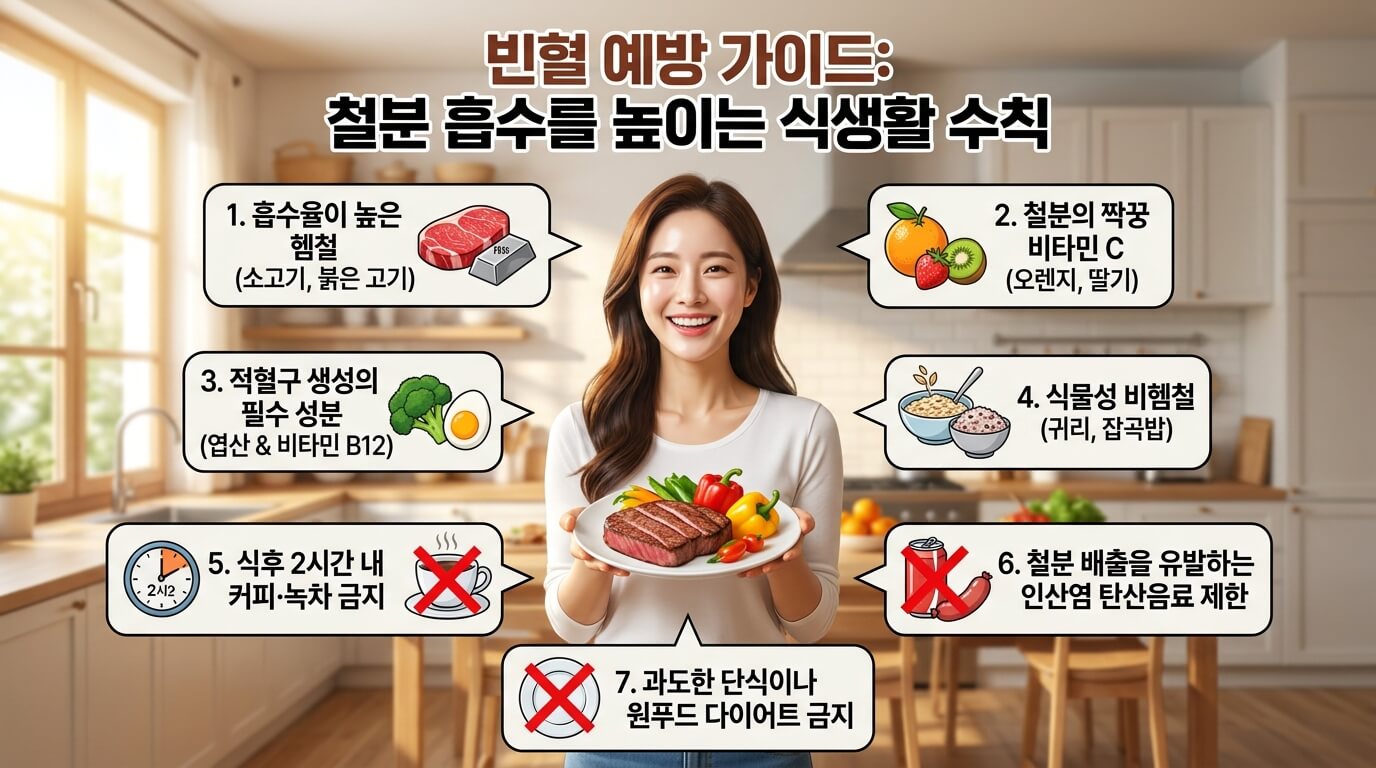 빈혈 예방 식단 및 식사 가이드 요약 이미지