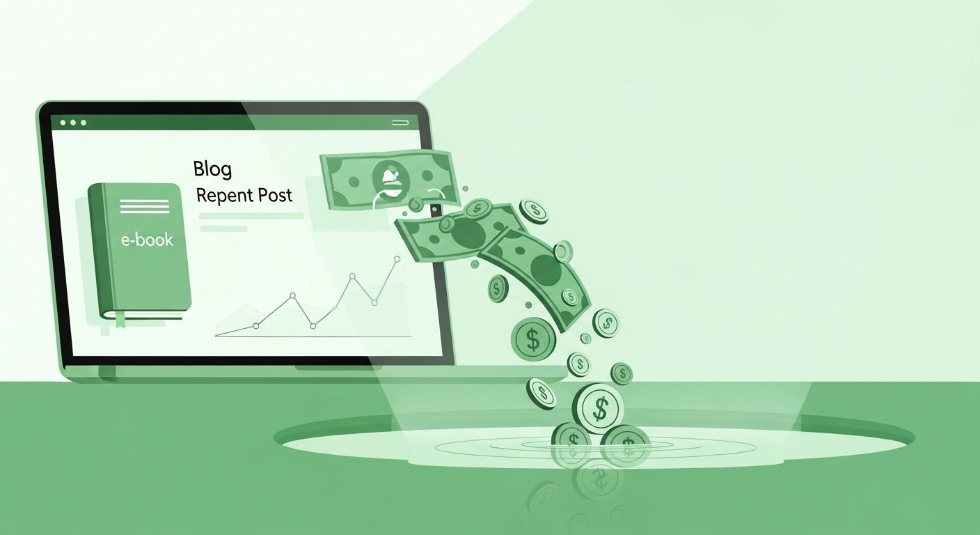 블로그, 전자책 등 다양한 디지털 자산에서 돈이 흘러나오는 그림으로, 디지털 패시브 인컴을 상징.