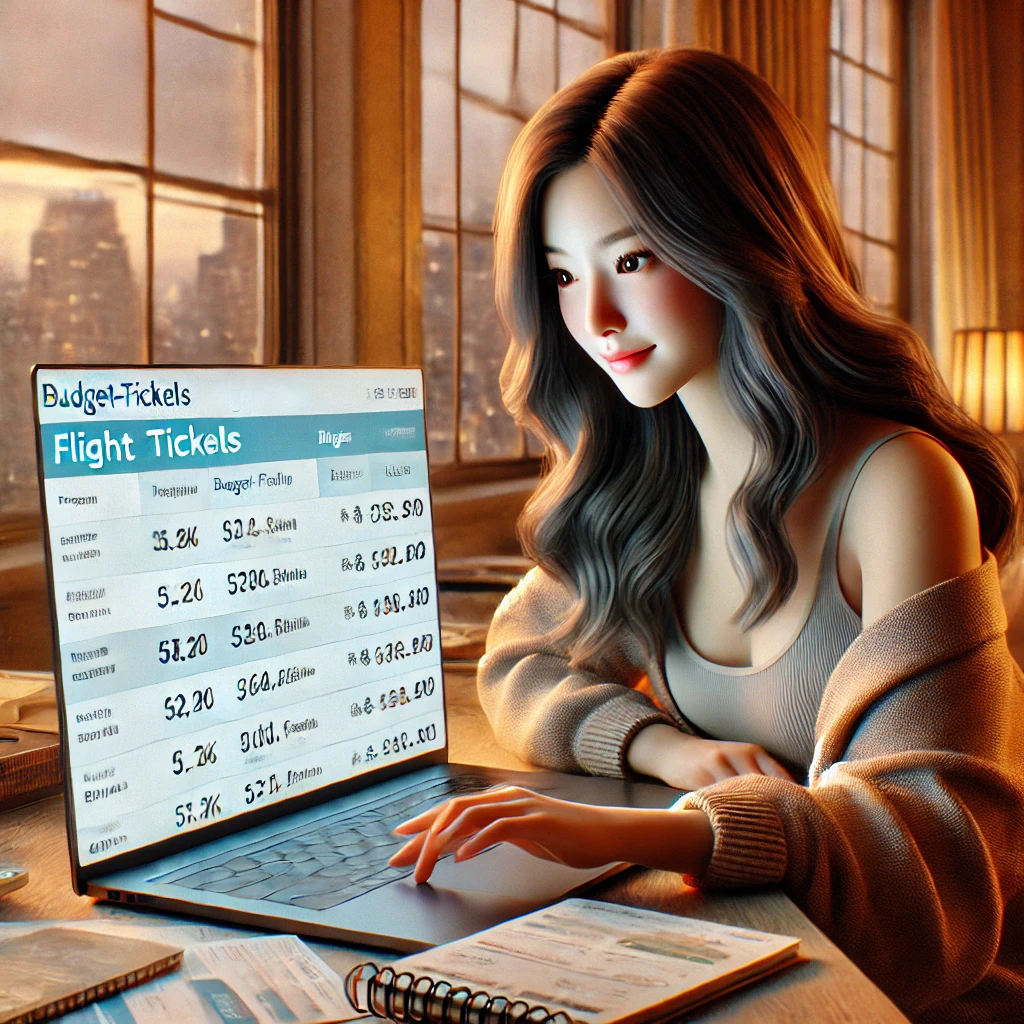 항공권을 저렴하게 예약하는 실속 비법, 젊은 아시아 여성, 긴 물결 머리, 부드러운 조명, 아늑한 스웨터, 비행 티켓을 보여주는 노트북 화면, 창문을 통해 도시의 스카이 라인, 따뜻한 인테리어, 저녁 분위기, 사실적인 디지털 아트, 높은 세부 사항, 부드러운 초점, 영화 조명, 4K 해상도