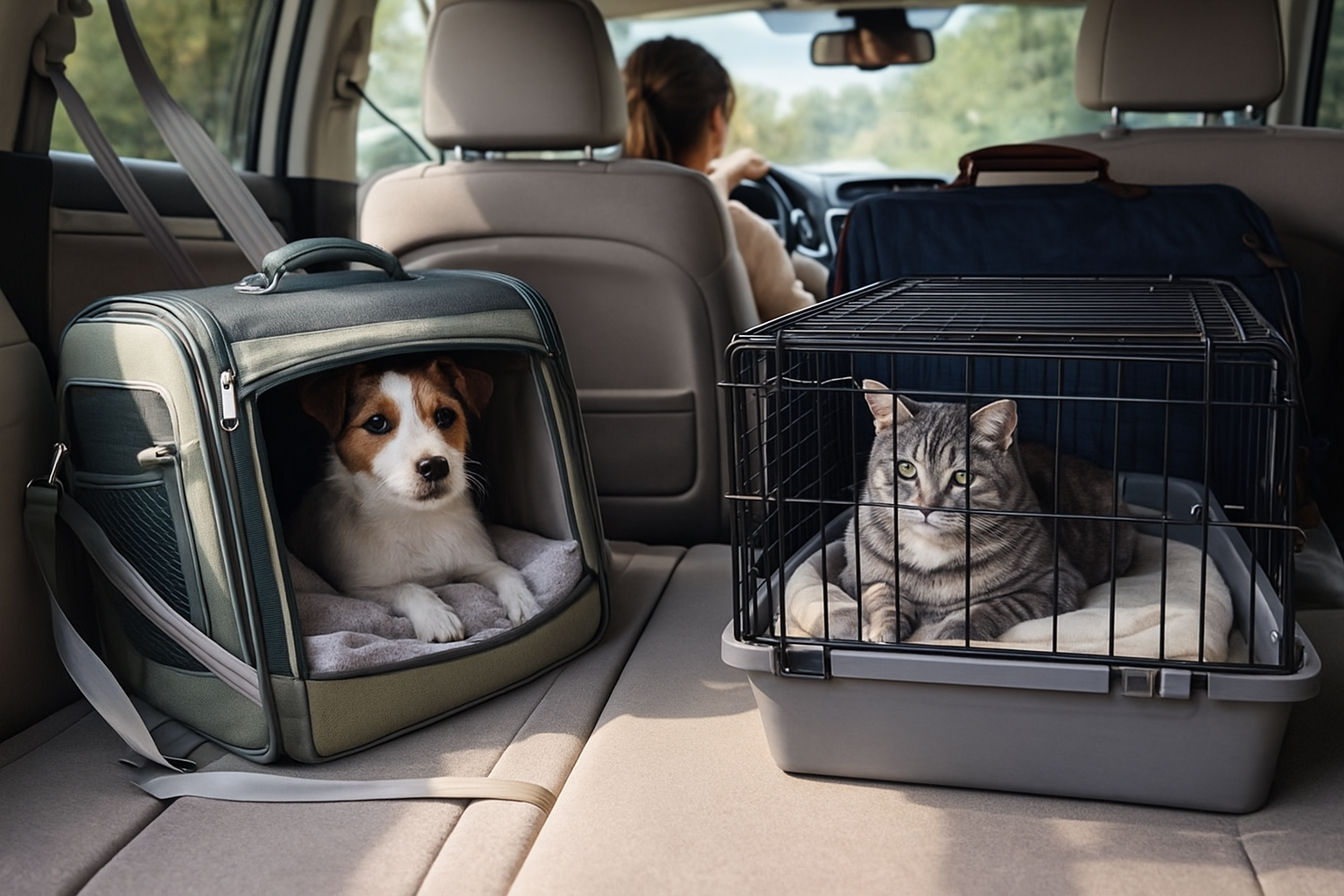 차량 뒷좌석에 이동가방과 켄넬 안에 앉아있는 강아지와 고양이 이미지