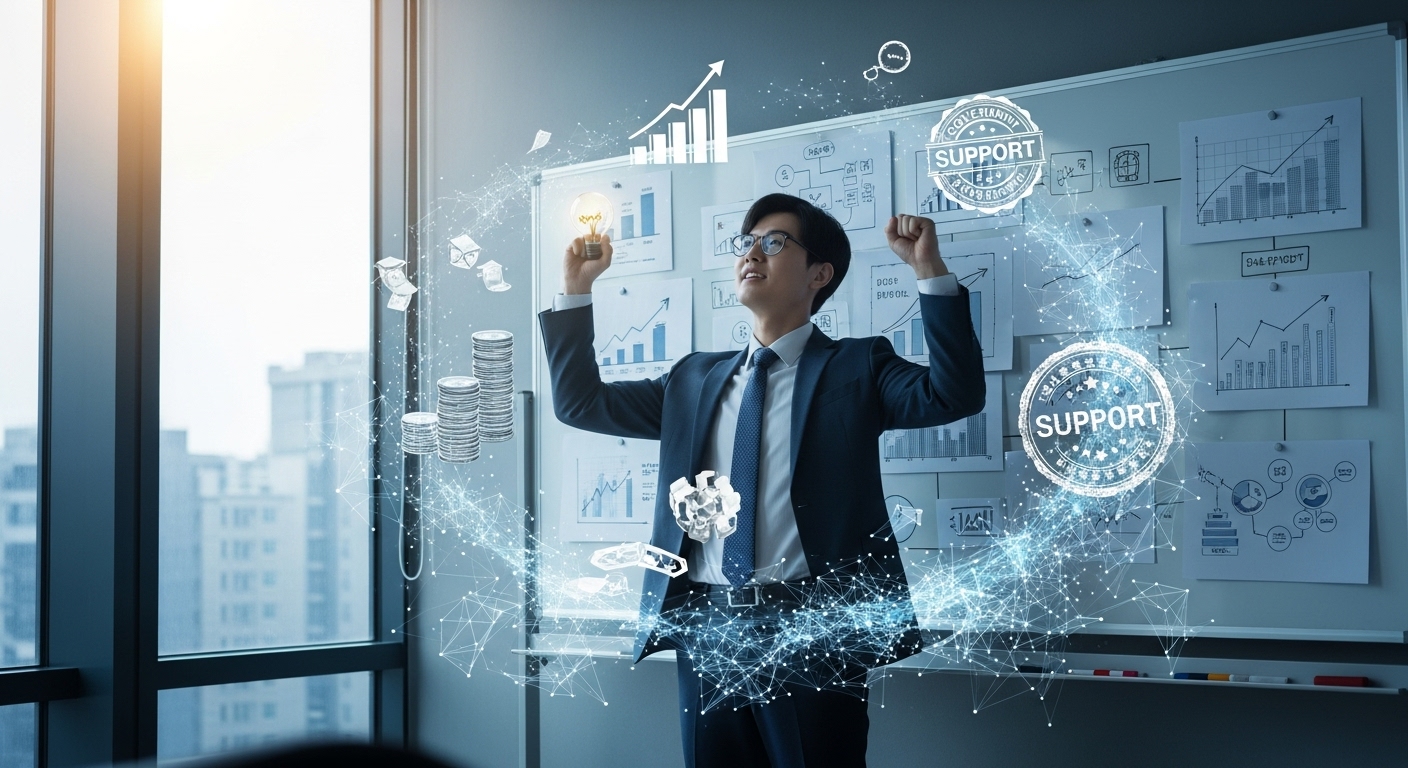 혁신적인 아이디어를 가진 젊은 한국인 창업가가 사업 계획 앞에서 자신감 있게 서 있는 모습, 다양한 청년창업지원금을 상징하는 추상적인 요소들이 주변에 배치되어 희망찬 창업 여정을 표현.