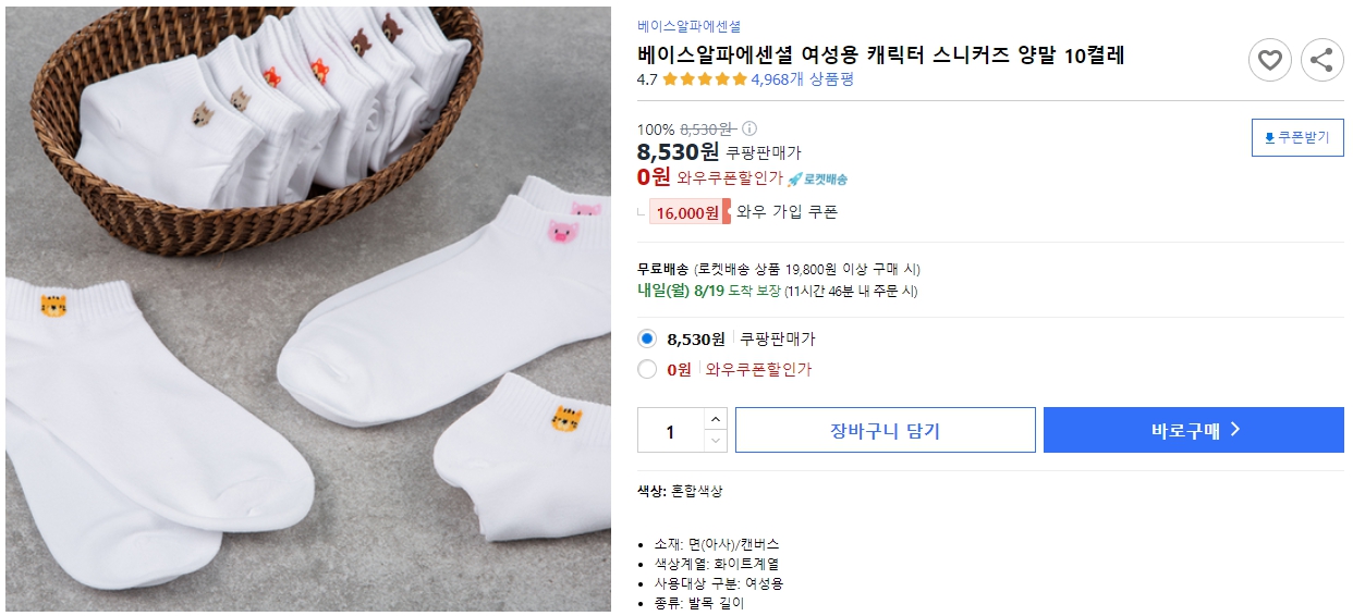 베이스알파에센셜-여성용-캐릭터-스니커즈-양말-10켤레