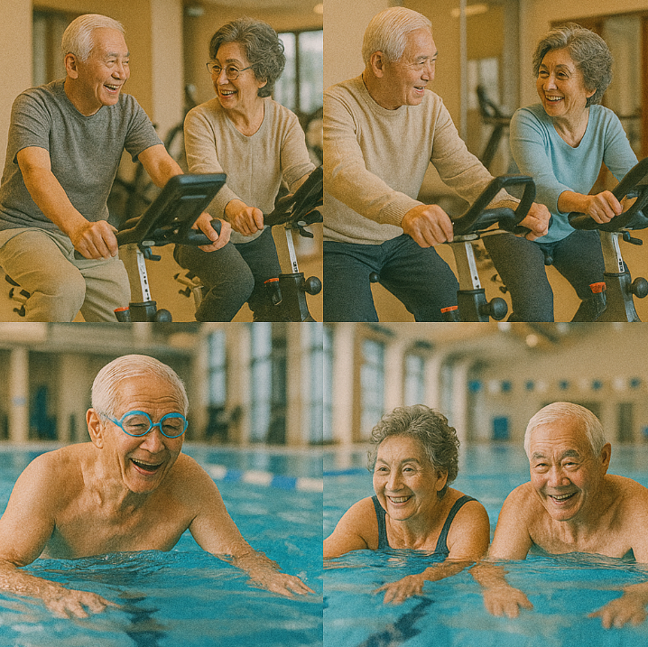 노부부들의 실내자전거 타기 와 수영하기
