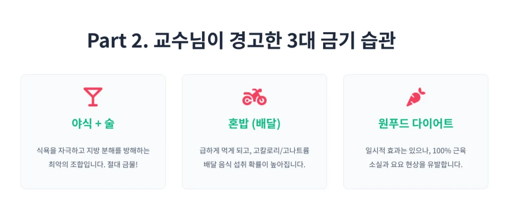 건강에 좋지않은 3대 금기 식습관을 텍스트로 보여줌