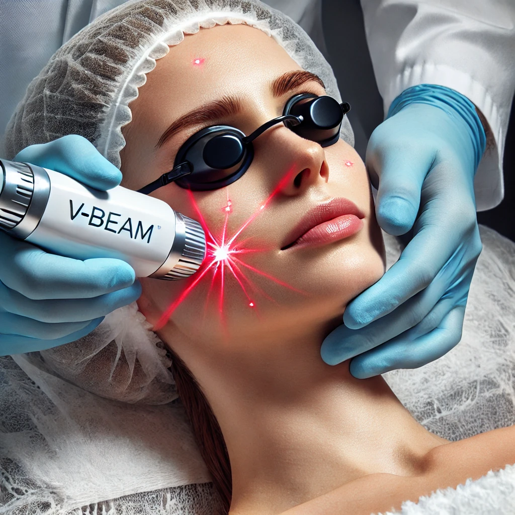 피부과에서 혈관 레이저로 얼굴의 홍조와 혈관 확장을 치료하는 장면, 정밀하게 혈관을 타겟팅