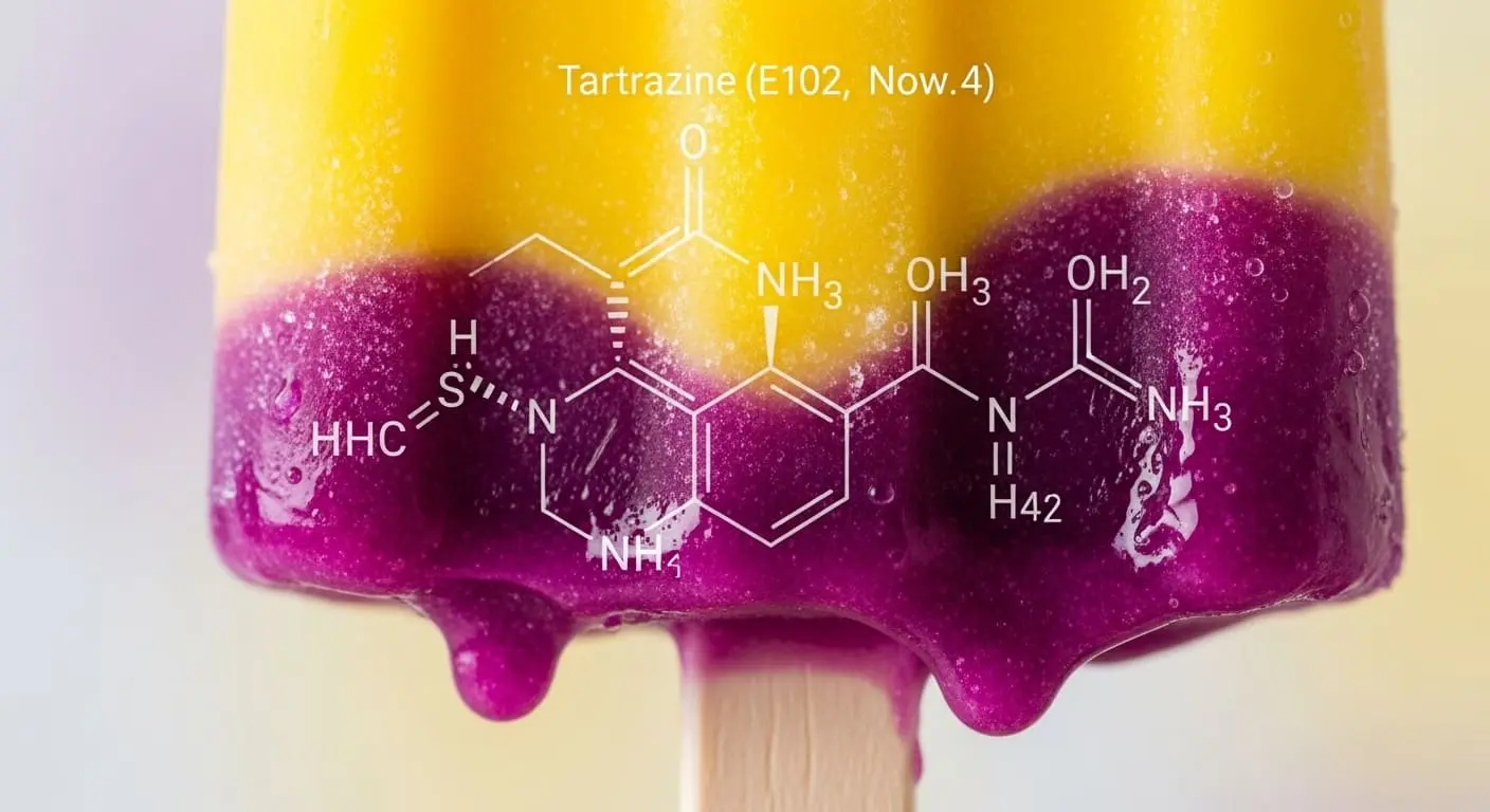 선명한 노란색과 보라색의 메롱바 아이스크림과 타르 색소 화학 구조 이미지