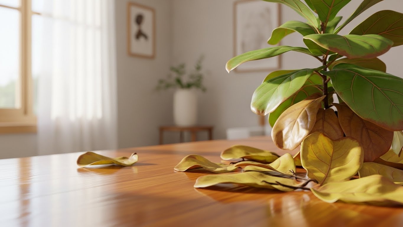 바닥에 잎이 떨어진 실내 식물이 창가 근처에 놓여 있는 모습