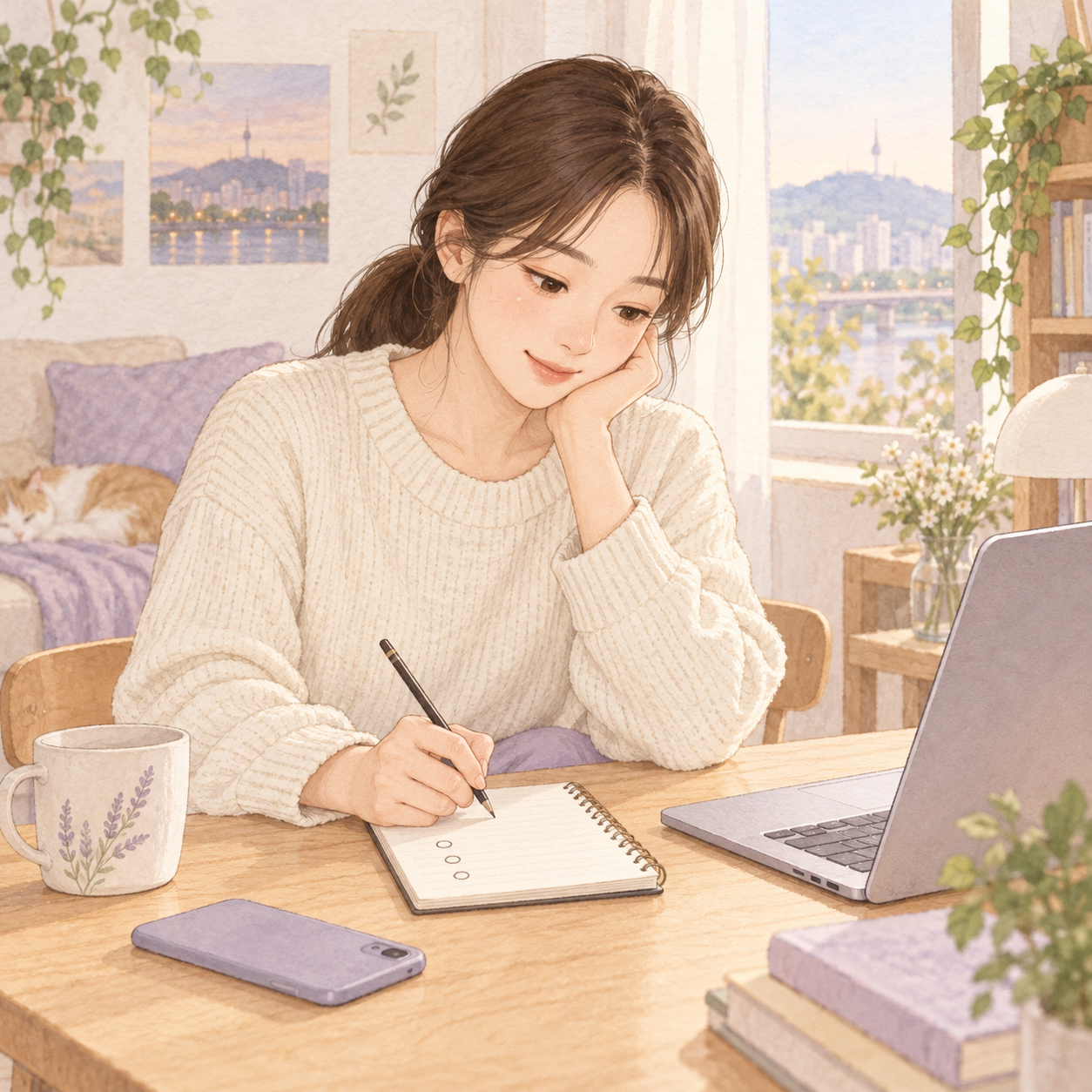 노트북 옆 메모장에 작은 첫 행동을 적는 은서의 일러스트