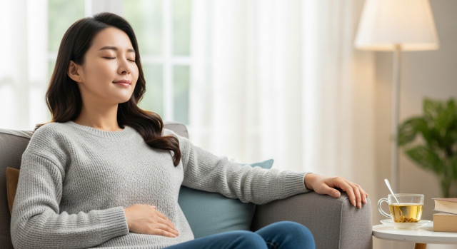 배를 편하게 누르며 웃는 여성