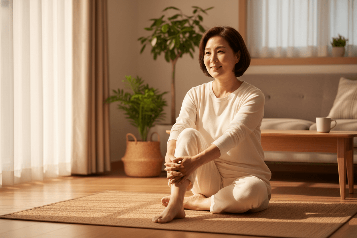 햇살이 비치는 거실에서 바닥에 앉아 무릎을 감싸며 편안한 표정을 짓는 여성의 관절 케어 라이프스타일 이미지