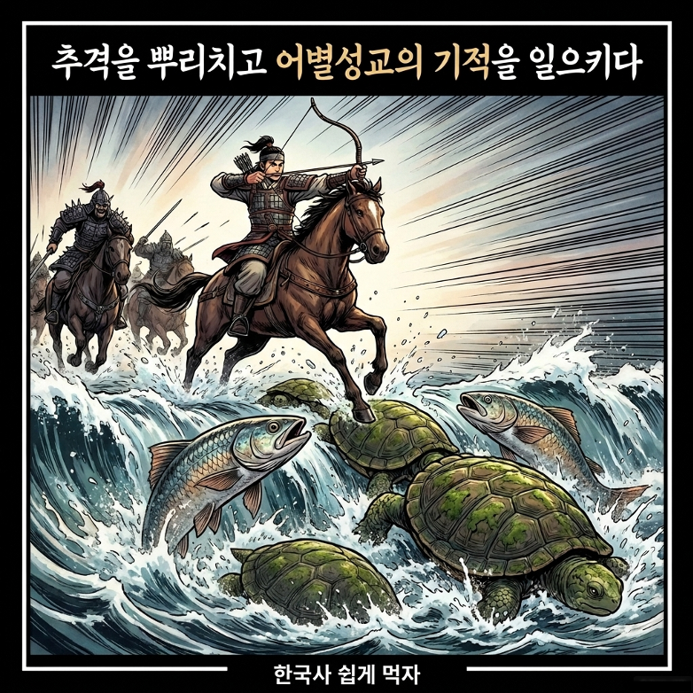 동명이 물고기와 자라의 다리를 건너는 신화 속 장면의 상상도