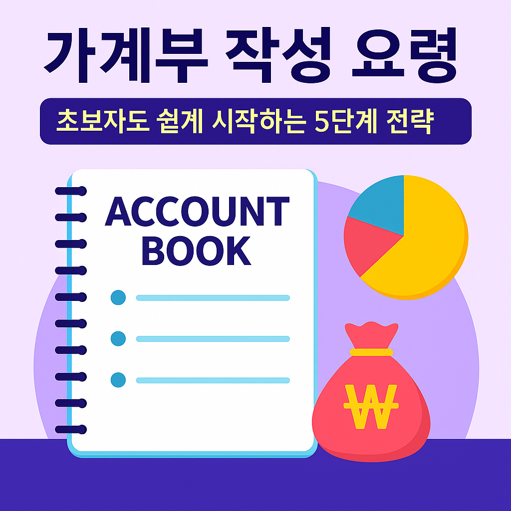 가계부 작성 요령을 주제로 한 인포그래픽으로, 초보자도 쉽게 시작하는 5단계 전략 문구와 함께 가계부, 원형 차트, 원화 표시 돈주머니 아이콘이 포함된 이미지