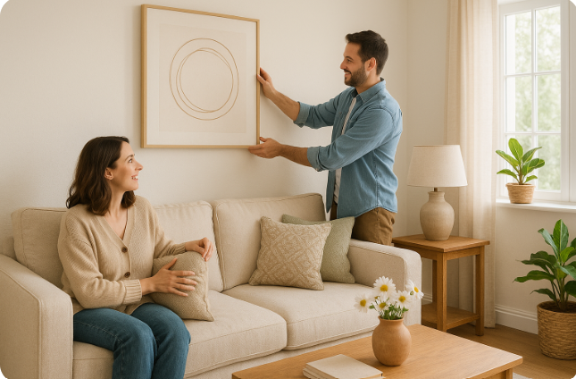 거실 꾸미는 부부 모습 이미지