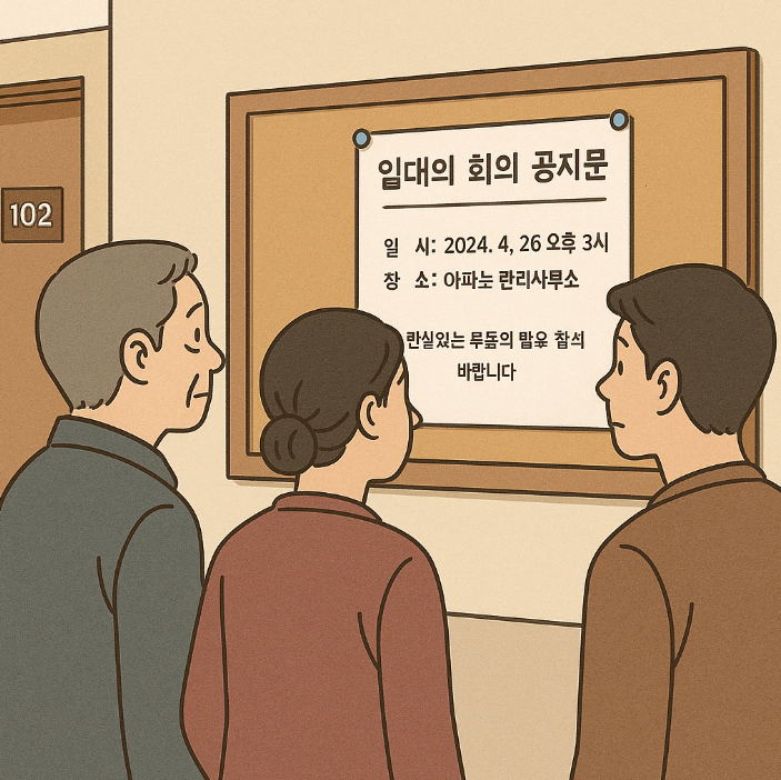 입대의 회의 공지문을 읽는 주민들의 모습